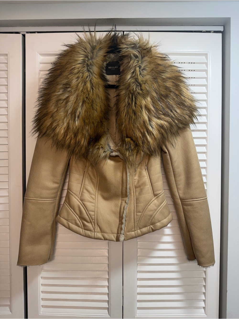 Beulah Camel Faux Shearling Jacket with Large Faux Fox Fur Collar